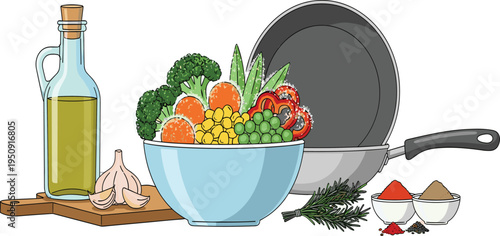 Healthy cooking ingredients with vegetables olive oil garlic spices and frying pan fresh organic food preparation vector illustration