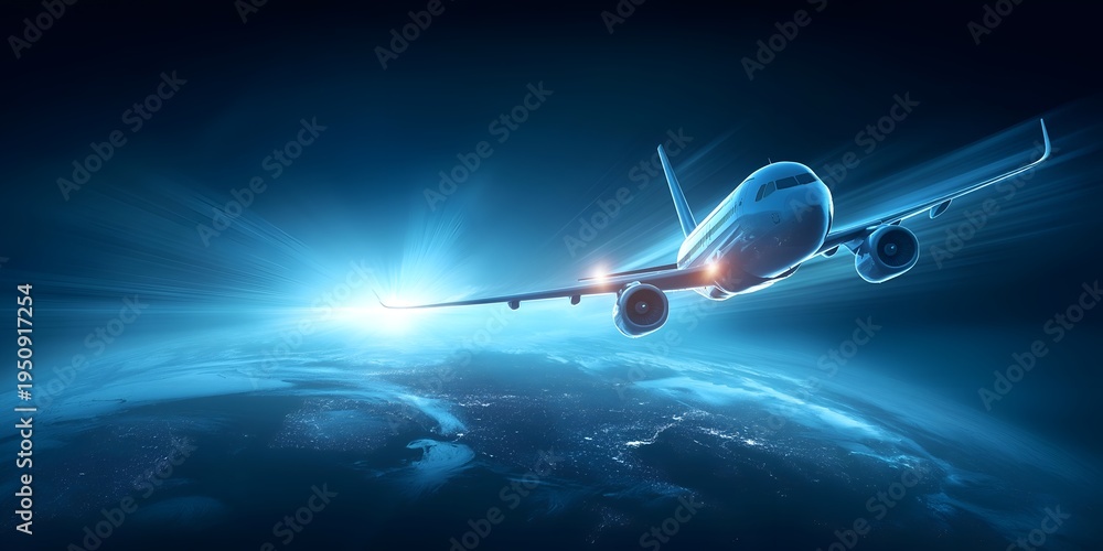 Fototapeta premium An airplane soaring through the sky above Earth, showcasing modern aviation and the beauty of travel in a digital art style.