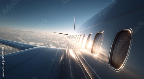 Captivating view from an airplane window showcasing wing details against a beautiful sky of clouds at sunset.