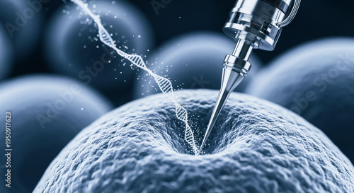 Genetic engineering and biotechnology concept showing a needle injecting DNA into a cell for medical research.