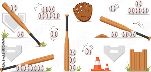 Baseball equipment collection with bats balls glove and field elements, sport training vector illustration set