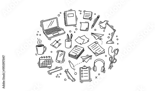Hand drawn workplace doodle icons collection with office productivity tools sketch style vector