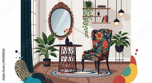 Cozy living room interior with floral chair mirror plants and wooden table on brown floor