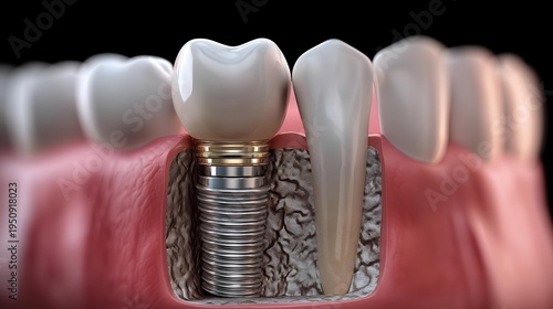 Close-up view of a dental implant showcasing the intricate details of the implant and surrounding teeth, emphasizing oral health.