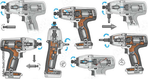 Cordless power drill technical diagram with internal components and rotation arrows, engineering tool vector illustration set