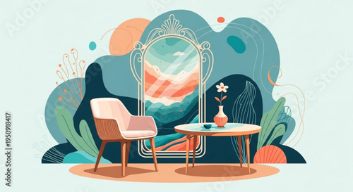 Modern living room interior with abstract art chair table and mirror reflecting sunset