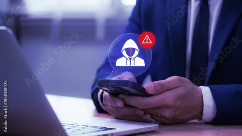 Phone scam alert notification concept. A woman holding a smartphone with a digital scam warning notification, fraudulent calls, cybersecurity threats, and telecommunication security awareness. fraud