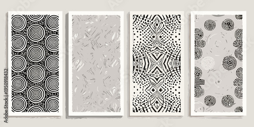 Four abstract panels with black and gray linear repeating patterns