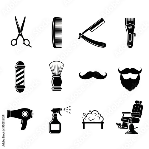 Barber shop tools and equipment icons.