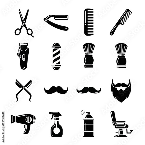 Barber shop tools and equipment icons.
