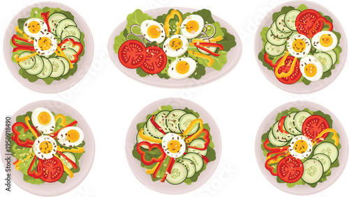 Healthy vegetable salad bowls with boiled eggs cucumber tomato bell pepper and lettuce nutritious diet food vector set