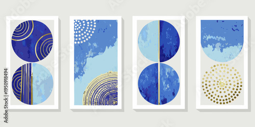 Four abstract blue and gold framed art pieces with circular designs