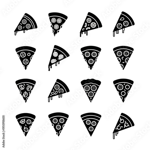 Black and white pizza slices icons.