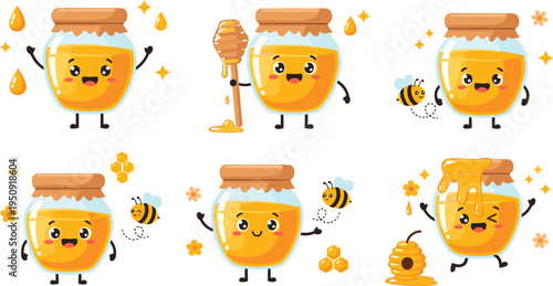 Cute Honey Jar Cartoon Character Set with Bees, Honey Dipper and Dripping Honey for Kids Food Mascot Illustration in Sweet Kawaii Vector Style