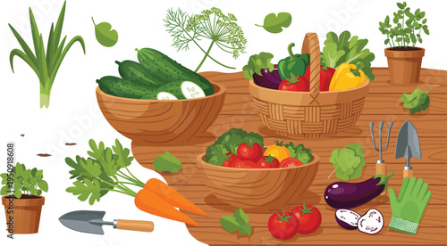 Home gardening vegetables harvest with cucumbers tomatoes carrots eggplant peppers herbs and garden tools on wooden table illustration
