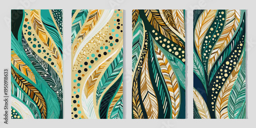 Seamless patterns with colorful feathers and decorative bohemian elements