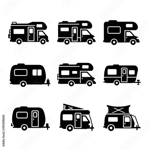 Black camper van icons on white.