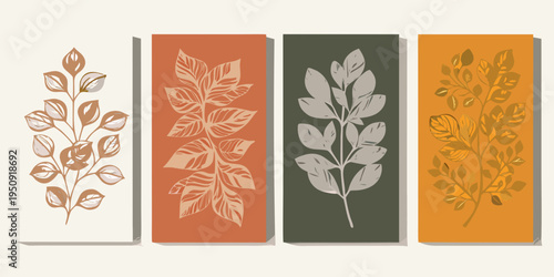 Botanical wall art featuring stylized leaves in warm earthy tones