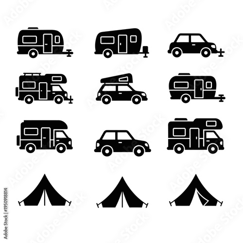 Black icons of cars and tents.
