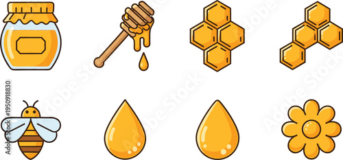 Honey and Beekeeping Icon Set with Honey Jar, Honey Dipper, Honeycomb, Bee, Flower and Golden Honey Drops for Natural Food Vector Illustration
