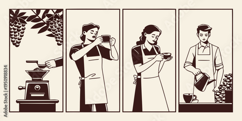 Coffee production process illustrated with stages from bean to cup