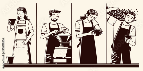 Four baristas preparing coffee in a simple stylized illustration