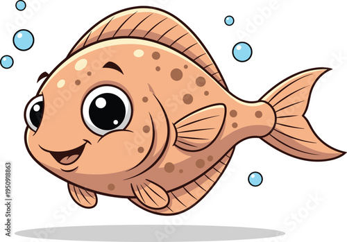 Cute cartoon flounder fish with big eyes and spots, adorable marine animal vector illustration for kids design
