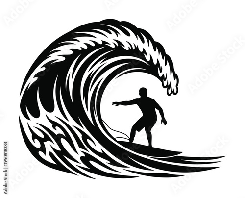 Vector of a surfer riding a massive curling wave in the ocean