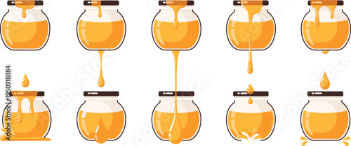 Honey Jar Dripping Honey Collection with Glass Jars, Flowing Honey Drops and Sweet Natural Food Illustration for Beekeeping Product Vector Design