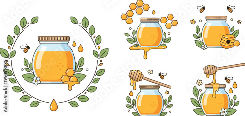 Honey Jar and Beekeeping Illustration Set with Honeycomb, Bees, Honey Dipper and Floral Elements for Organic Natural Sweet Food Vector Design