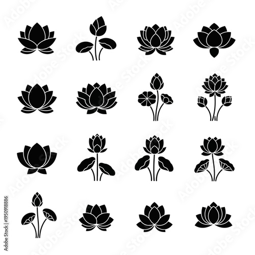 Black Lotus Flower Silhouette Icons Set.