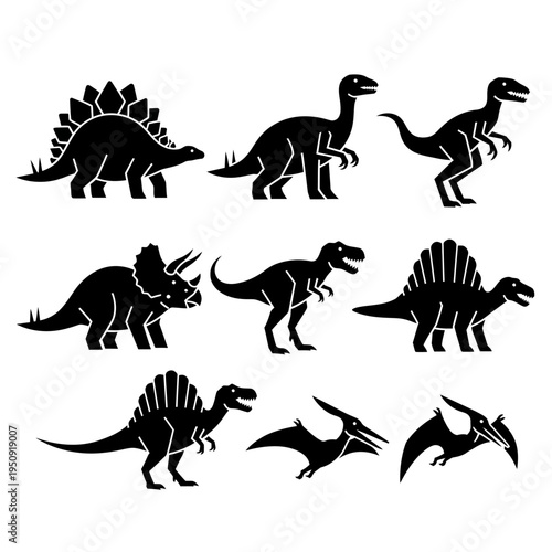 Black silhouettes of various dinosaurs standing.