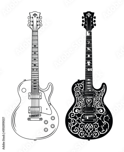 Vector of two intricately designed guitars with neck inlays and unique body patterns.
