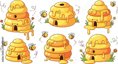 Cute Cartoon Honey Beehive Collection with Dripping Honey, Flying Bees and Sweet Apiary Nest Characters Vector Illustration Set