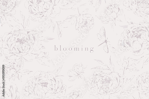 Delicate floral pattern with sketched peonies and a dragonfly illustration