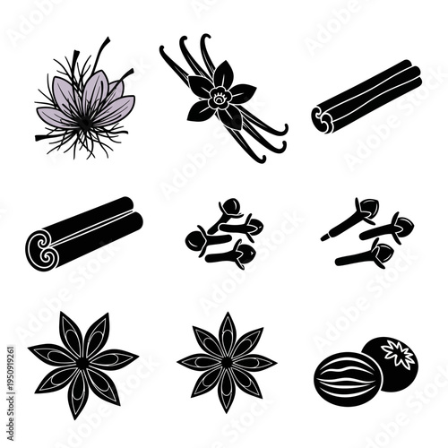 Cinnamon sticks and flower spice icons.