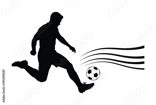 Vector silhouette of a player kicking a soccer ball with dynamic motion lines
