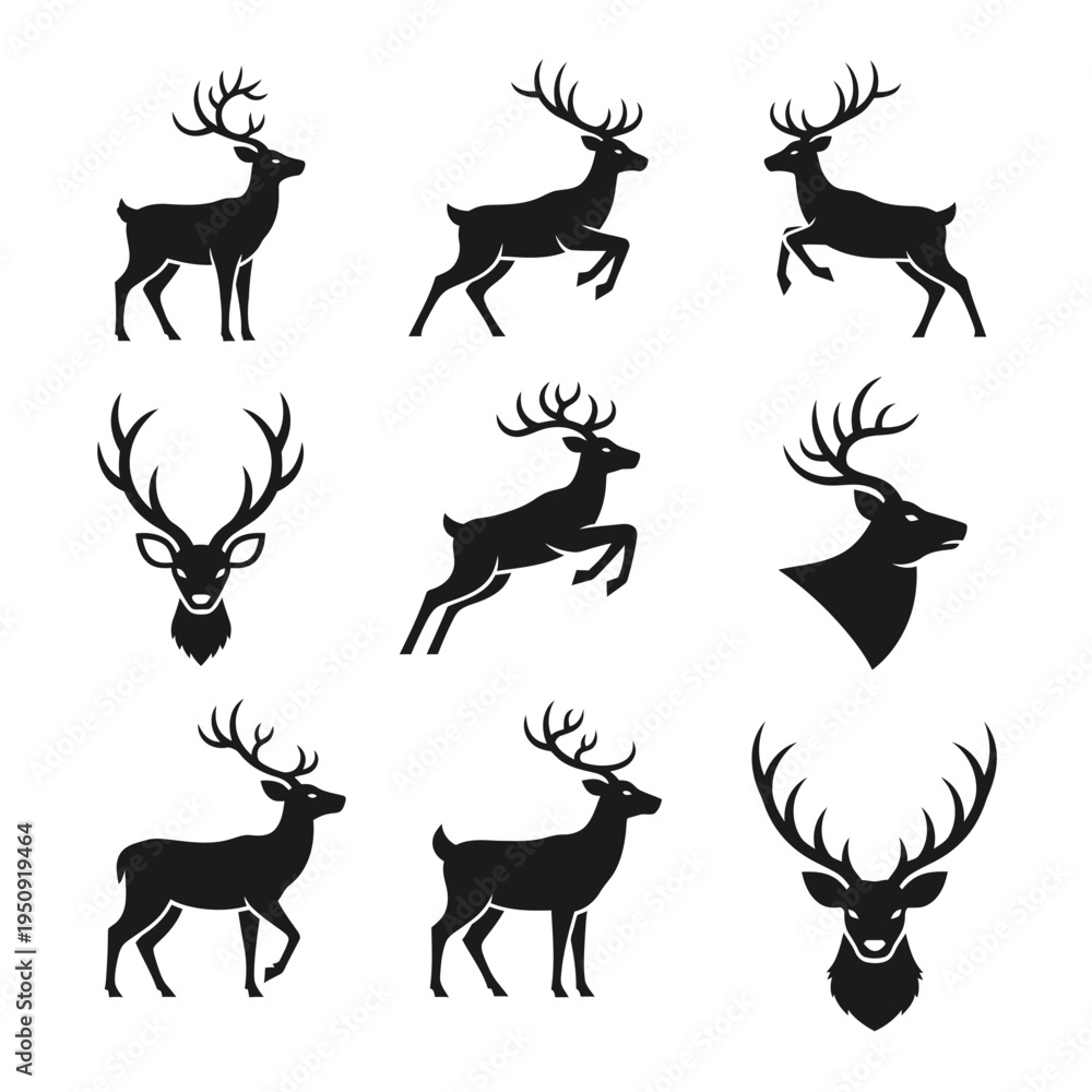Fototapeta premium Collection of deer silhouettes walking and standing.