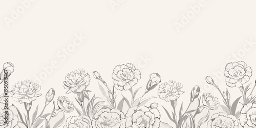 Delicate floral sketch featuring carnations and budding stems in neutral tones