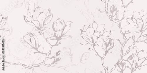 Delicate magnolia branch sketches create a soft repeating floral pattern