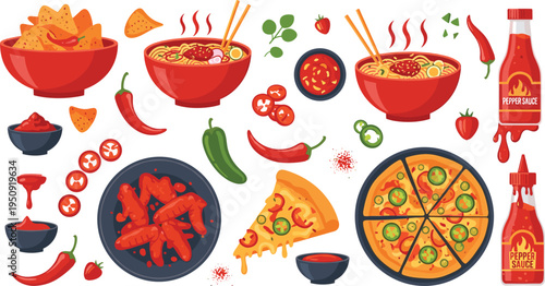 Spicy Fast Food Vector Set with Ramen Noodles, Pizza, Chicken Wings, Chili Peppers and Hot Sauce Illustration