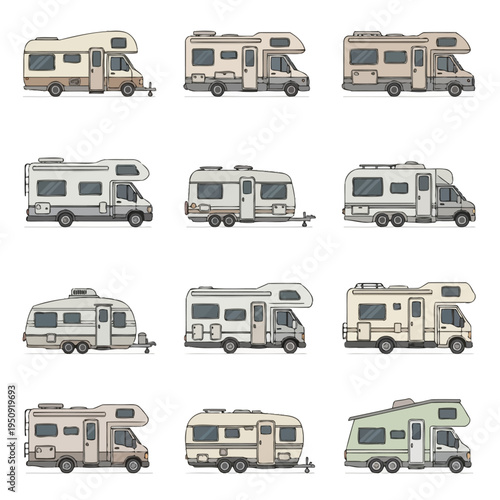 Collection of recreational vehicles side view.