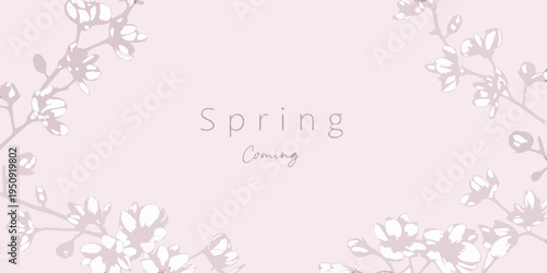 Delicate floral branches frame the word spring on a pink background