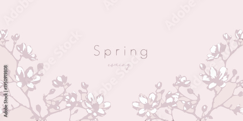 Delicate floral arrangements and the word spring on a pink background