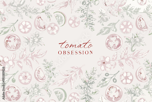 A delicate pattern of tomatoes herbs and citrus fruit slices