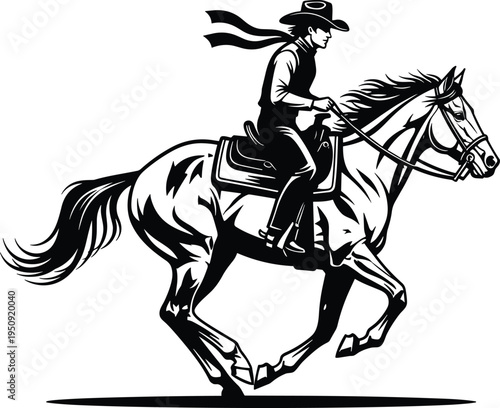 Black and white of cowboy riding horse