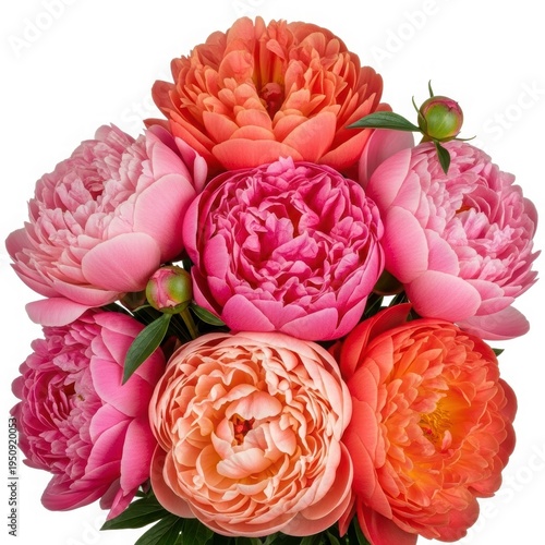 Peony Bloom Bouquet: A vibrant, close-up shot of a luxurious peony bouquet in full bloom, showcasing an array of bright pink and coral petals. This image captures the essence of beauty and freshness.