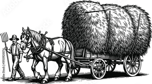 Farmer walking beside horse drawn hay wagon with pitchfork black and white