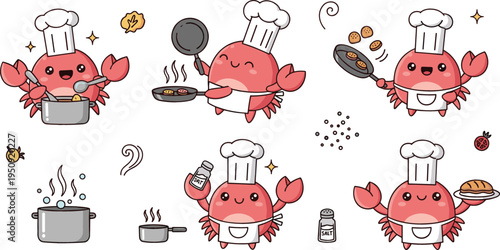 Cute Crab Chef Cooking Cartoon Character Set with Frying Pan, Soup Pot, Salt Shaker and Seafood Kitchen Scenes for Kids Food Vector Illustration