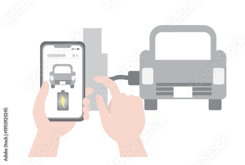 EV車の充電状況を表示したスマホを操作する手のイラスト